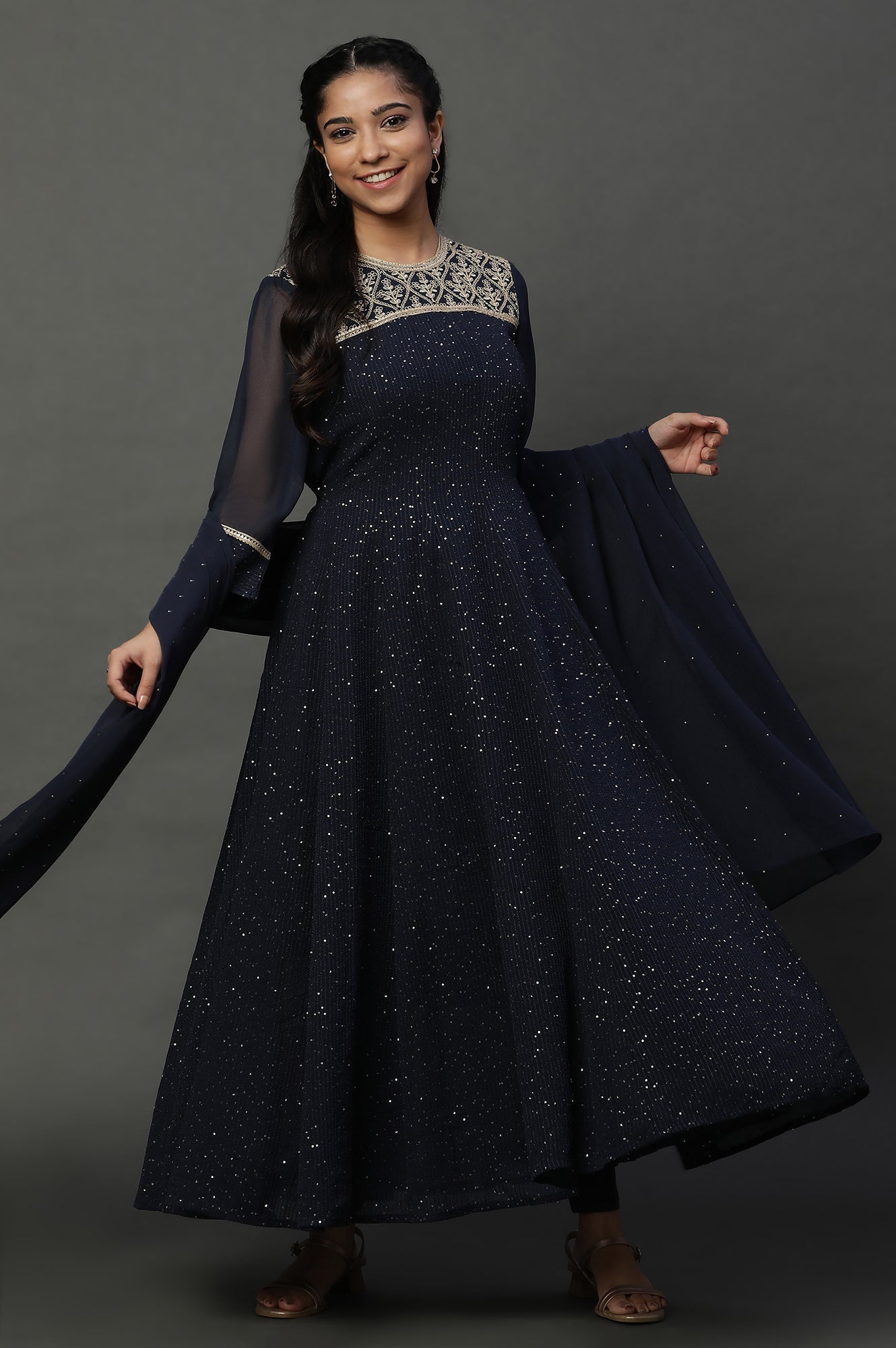 Blue Dori Embroidered Anarkali Kurta, Tights and Dupatta Set