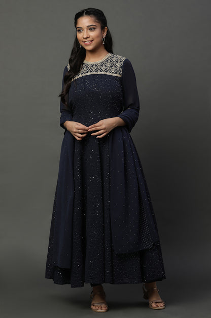 Blue Dori Embroidered Anarkali Kurta, Tights and Dupatta Set