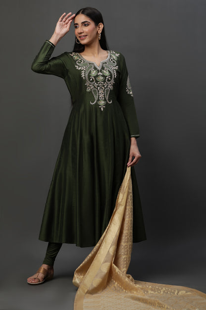 Green Anarkali Dori Embroidered Kurta, Tights and Dupatta Set