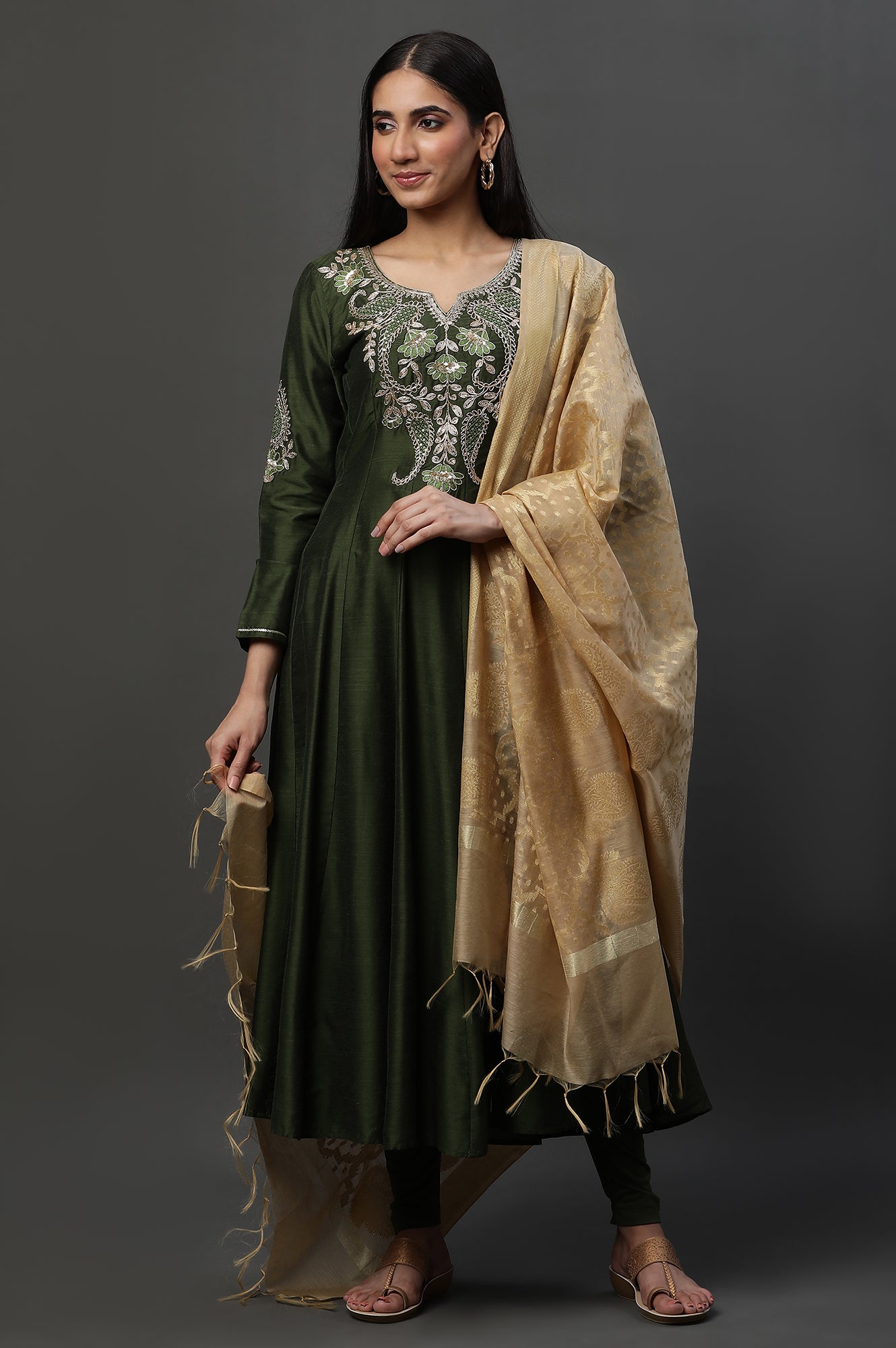 Green Anarkali Dori Embroidered Kurta, Tights and Dupatta Set