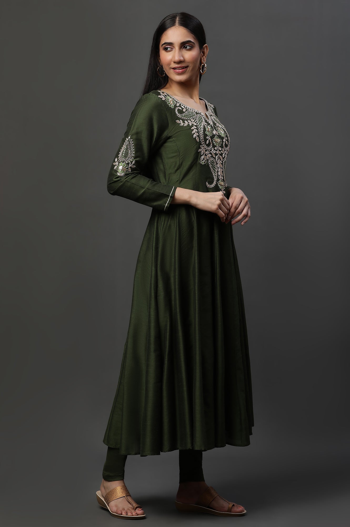 Green Anarkali Dori Embroidered Kurta, Tights and Dupatta Set