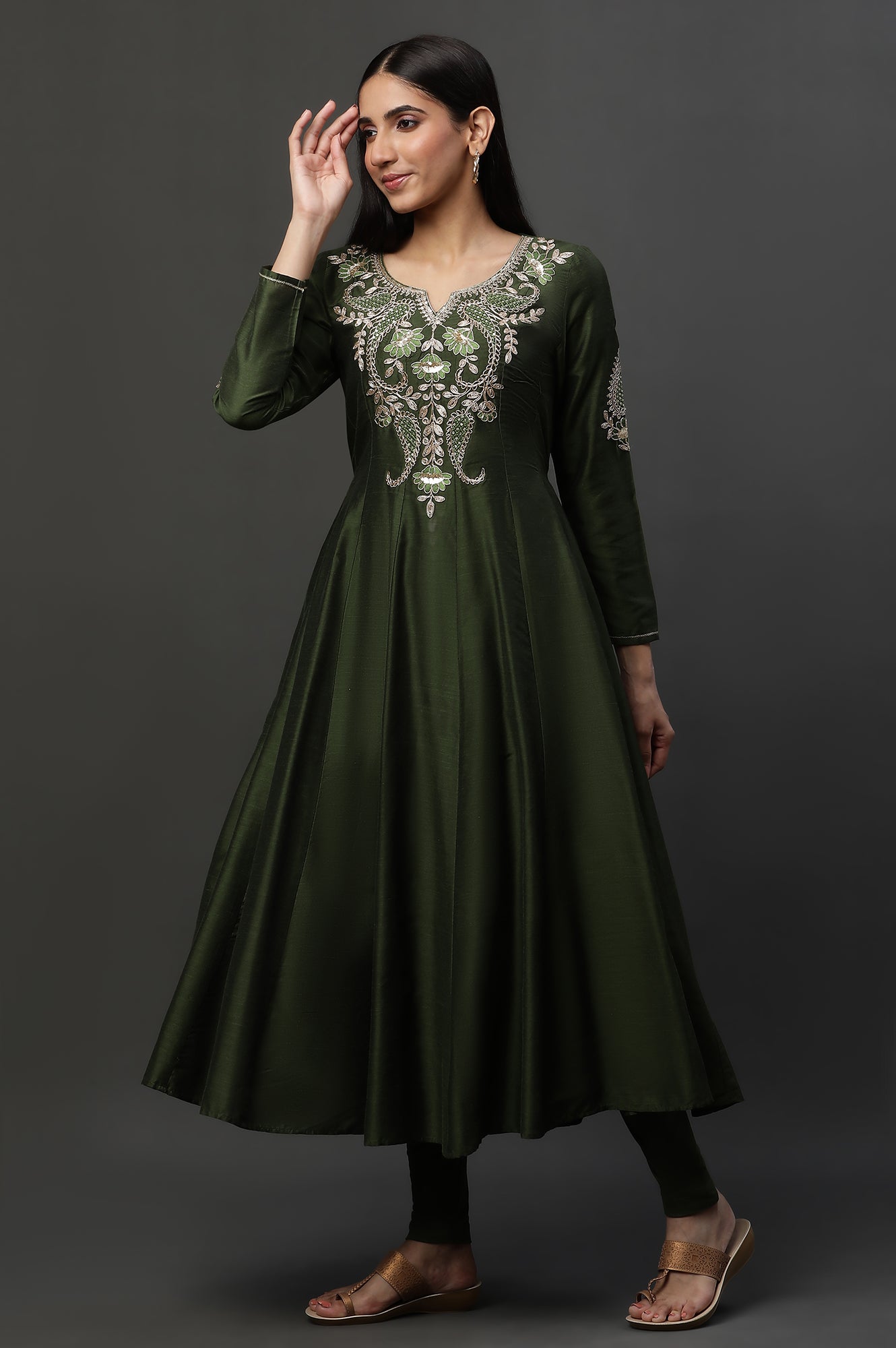 Green Anarkali Dori Embroidered Kurta, Tights and Dupatta Set