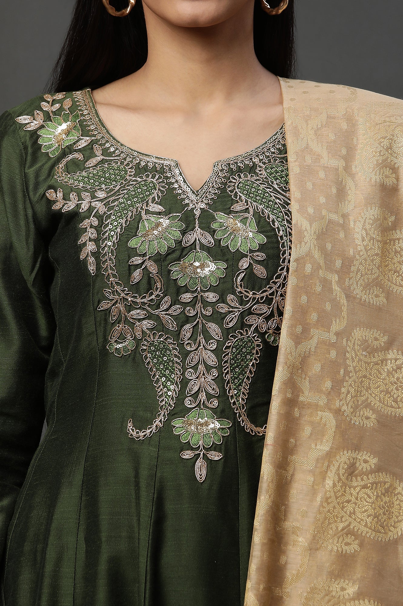 Green Anarkali Dori Embroidered Kurta, Tights and Dupatta Set