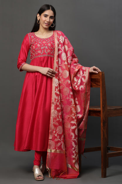 Pink Embroidered Anarkali Festive Kurta, Tights and Dupatta Set