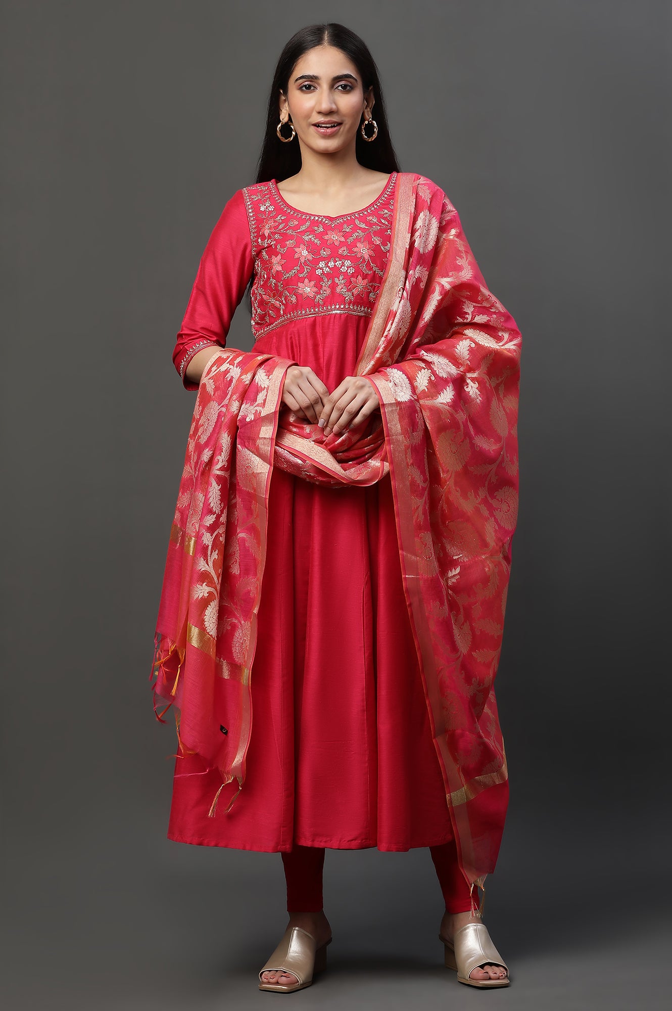 Pink Embroidered Anarkali Festive Kurta, Tights and Dupatta Set