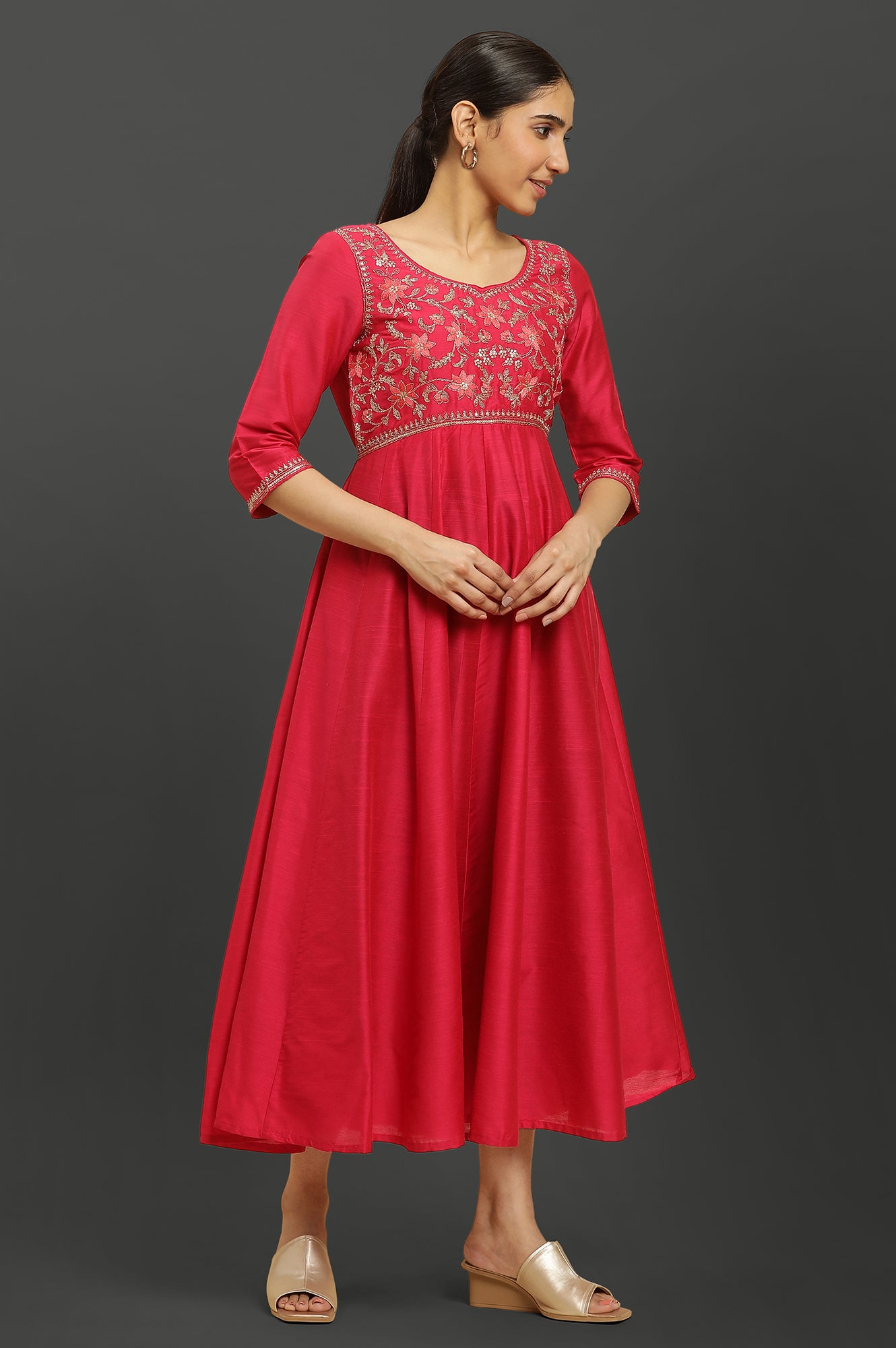 Pink Embroidered Anarkali Festive Kurta, Tights and Dupatta Set