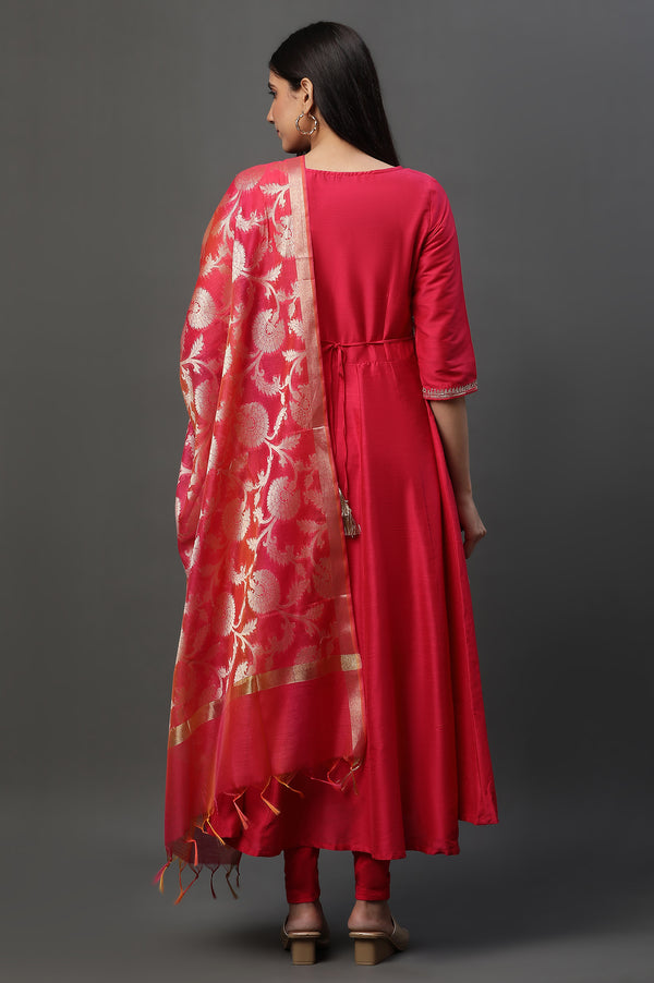 Pink Embroidered Anarkali Festive Kurta, Tights and Dupatta Set