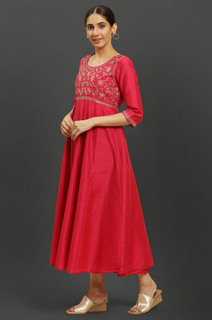 Pink Embroidered Anarkali Festive Kurta, Tights and Dupatta Set