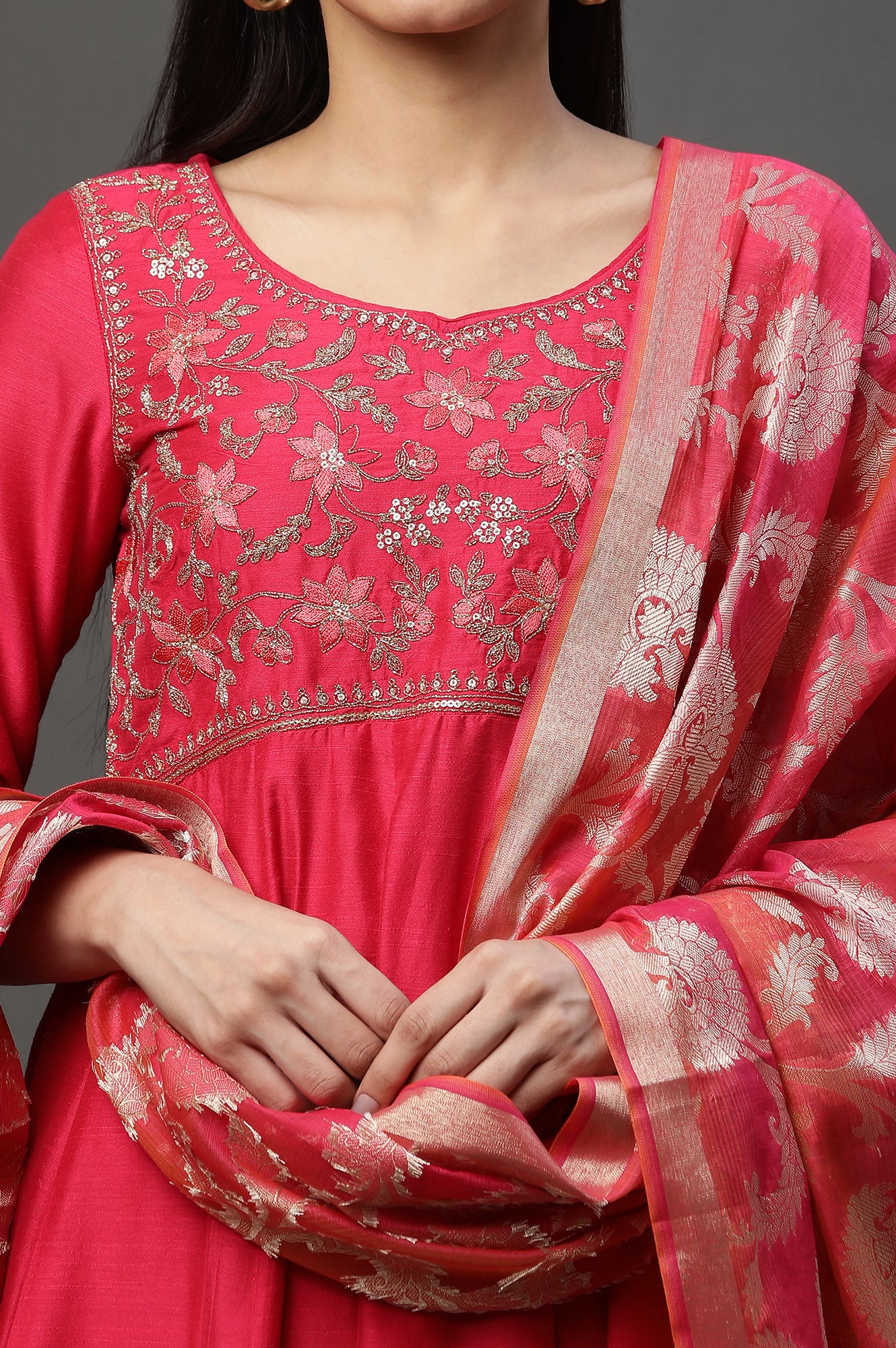 Pink Embroidered Anarkali Festive Kurta, Tights and Dupatta Set