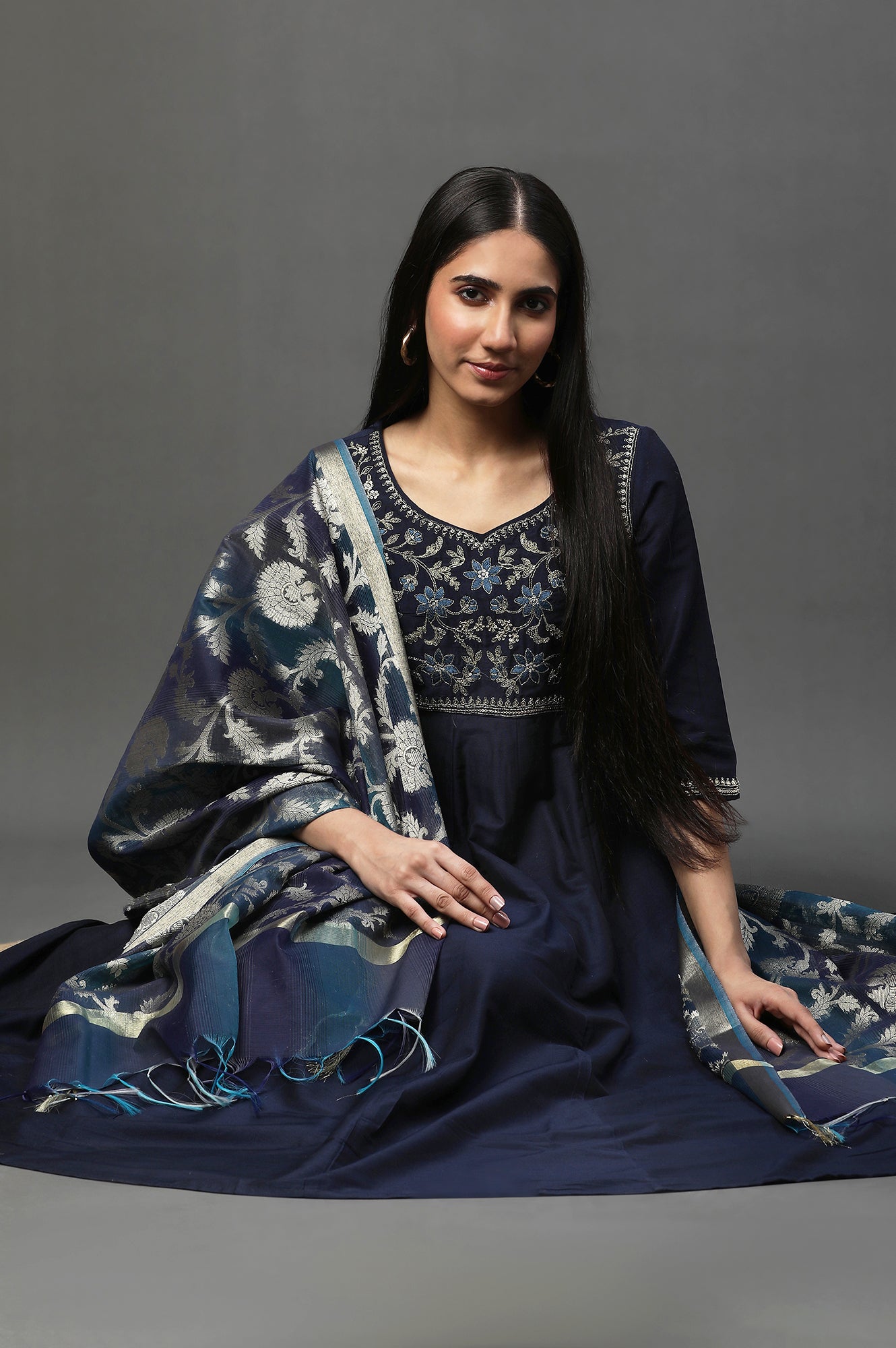 Blue Embroidered Anarkali Festive Kurta, Tights and Dupatta Set