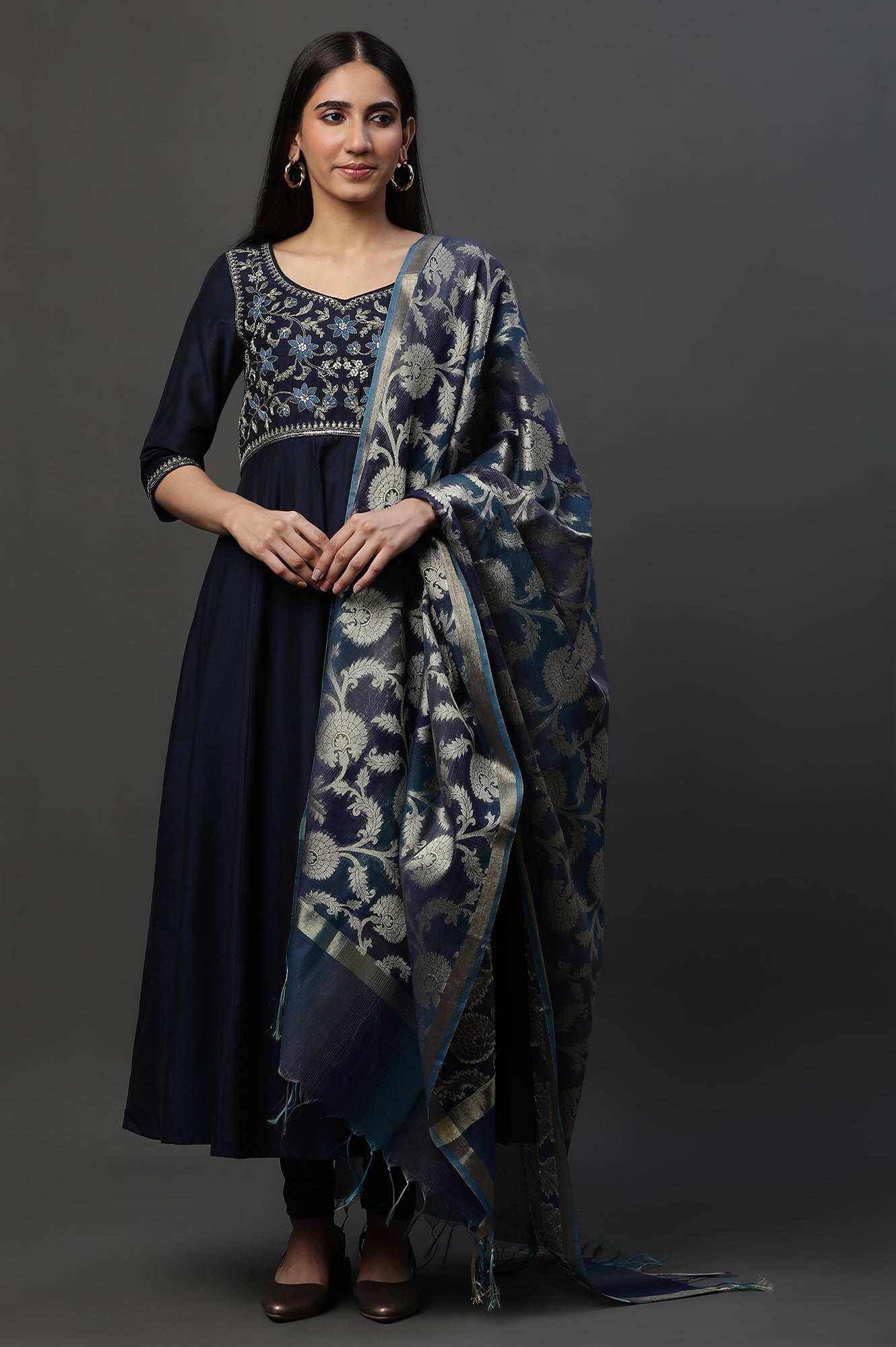 Blue Embroidered Anarkali Festive Kurta, Tights and Dupatta Set