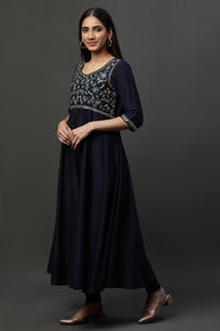 Blue Embroidered Anarkali Festive Kurta, Tights and Dupatta Set