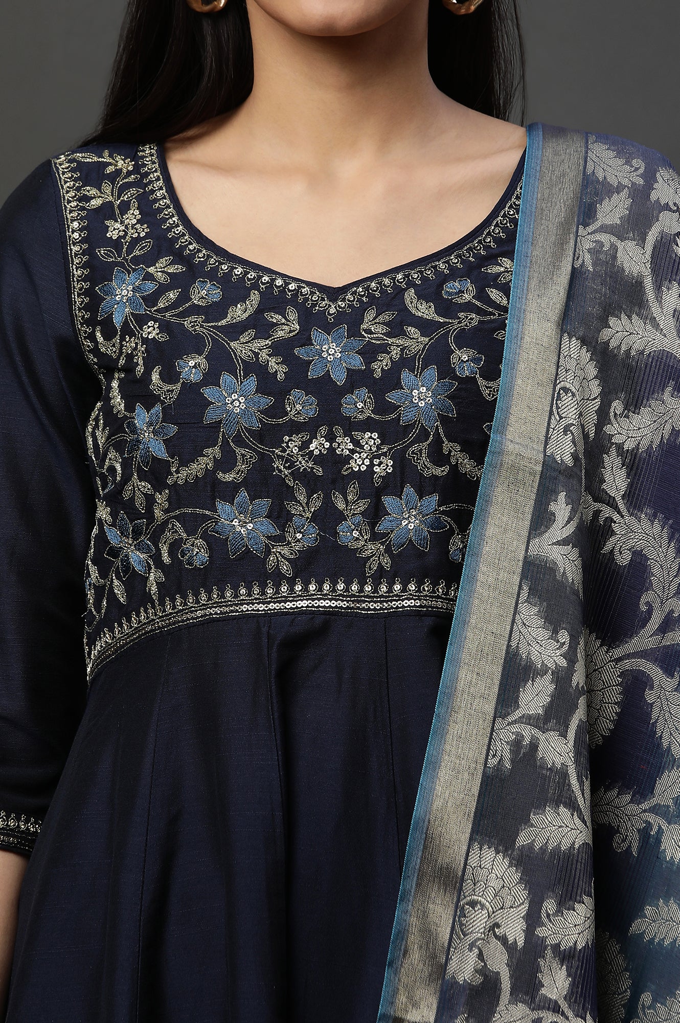 Blue Embroidered Anarkali Festive Kurta, Tights and Dupatta Set