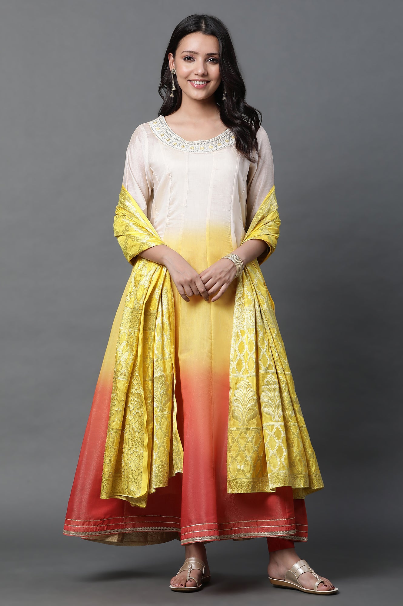 Multi-coloured Anarkali Kurta, Tights and Dupatta Set