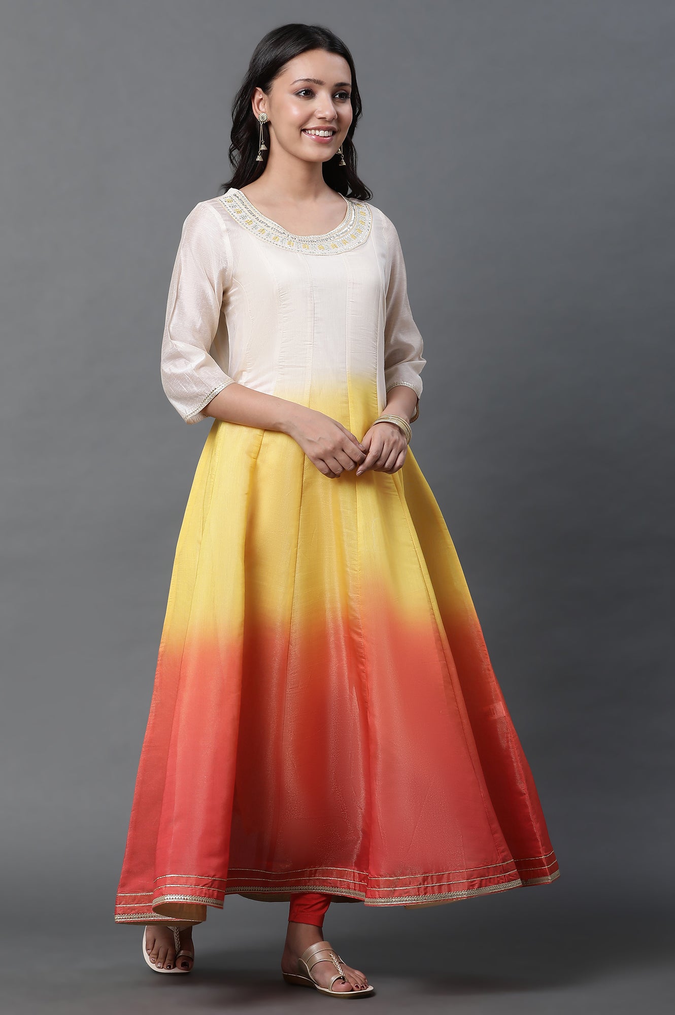 Multi-coloured Anarkali Kurta, Tights and Dupatta Set