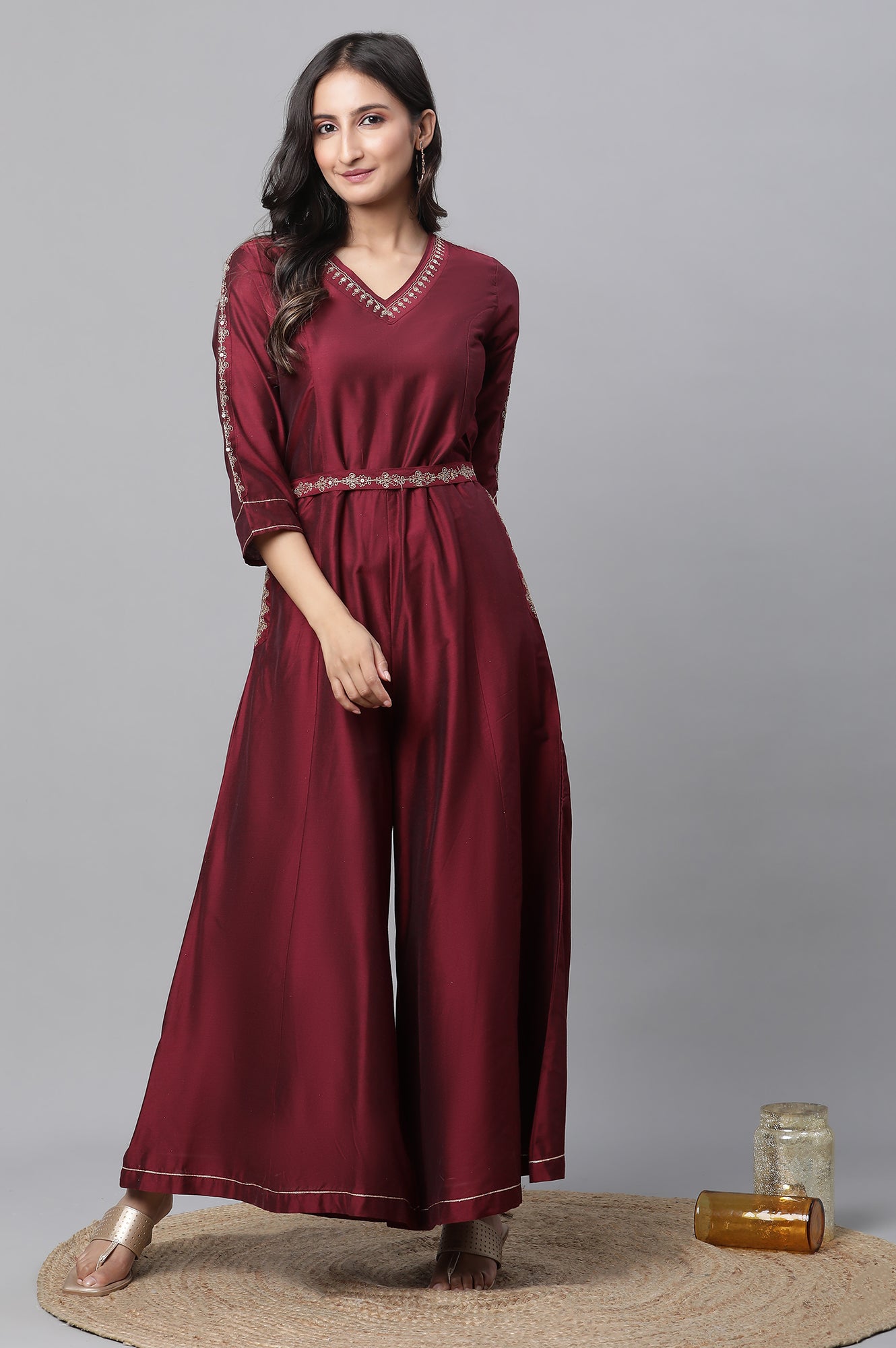 Maroon Embroidered Ethnic Jumpsuit with Belt