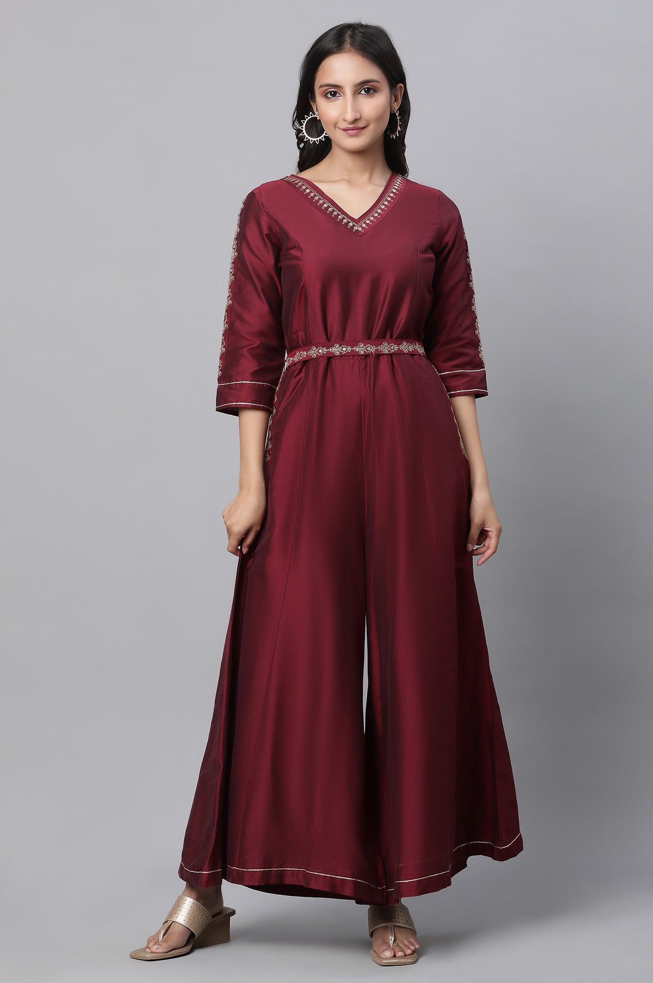 Maroon Embroidered Ethnic Jumpsuit with Belt