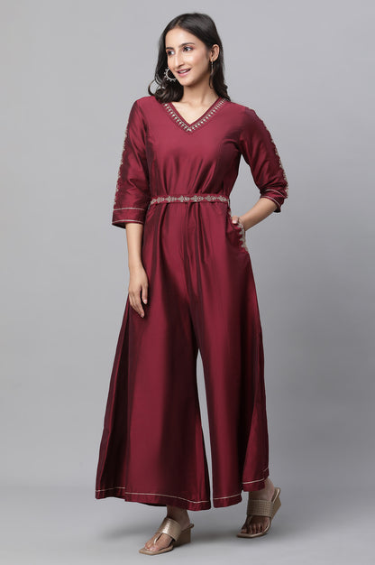 Maroon Embroidered Ethnic Jumpsuit with Belt