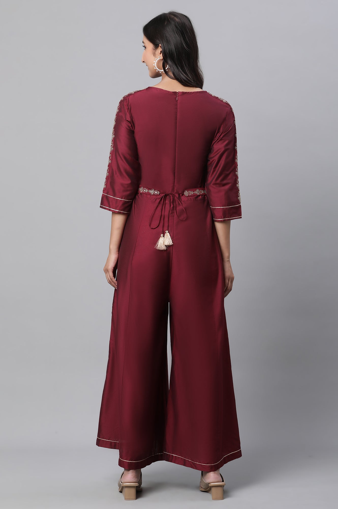 Maroon Embroidered Ethnic Jumpsuit with Belt