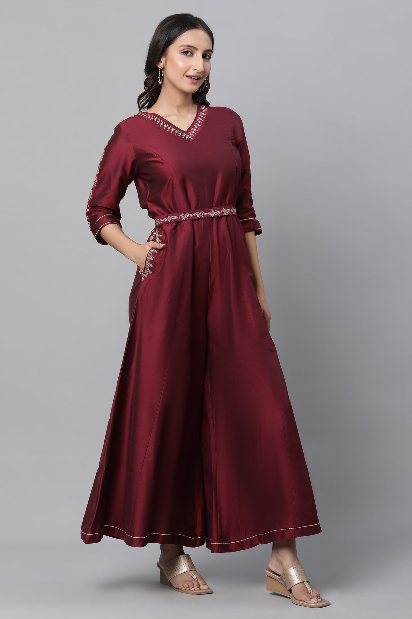 Maroon Embroidered Ethnic Jumpsuit with Belt