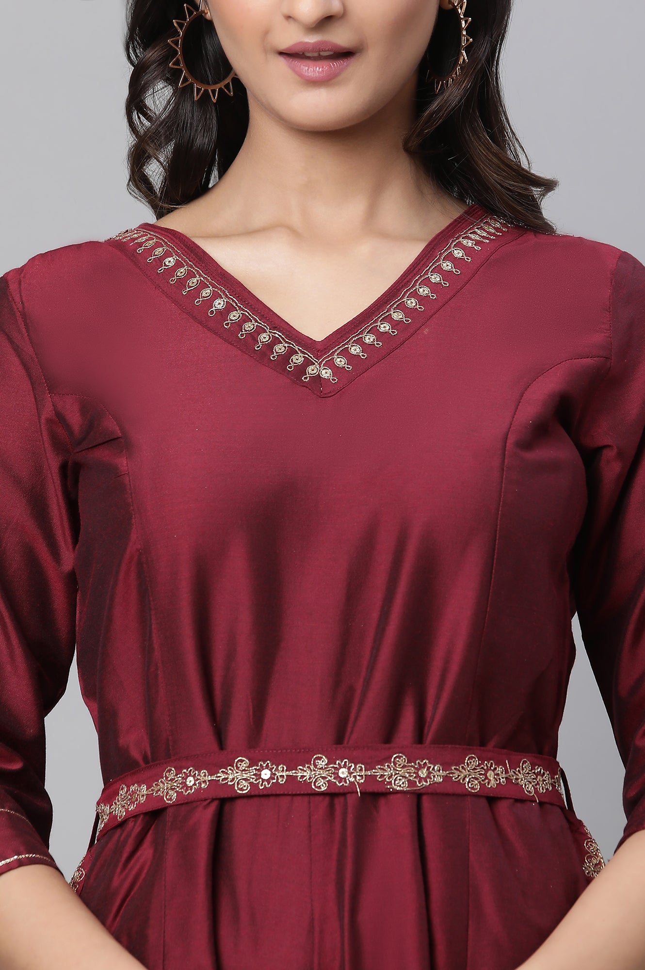 Maroon Embroidered Ethnic Jumpsuit with Belt