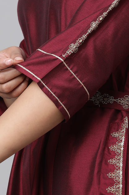 Maroon Embroidered Ethnic Jumpsuit with Belt