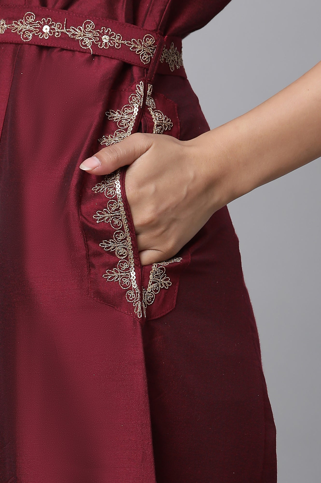 Maroon Embroidered Ethnic Jumpsuit with Belt