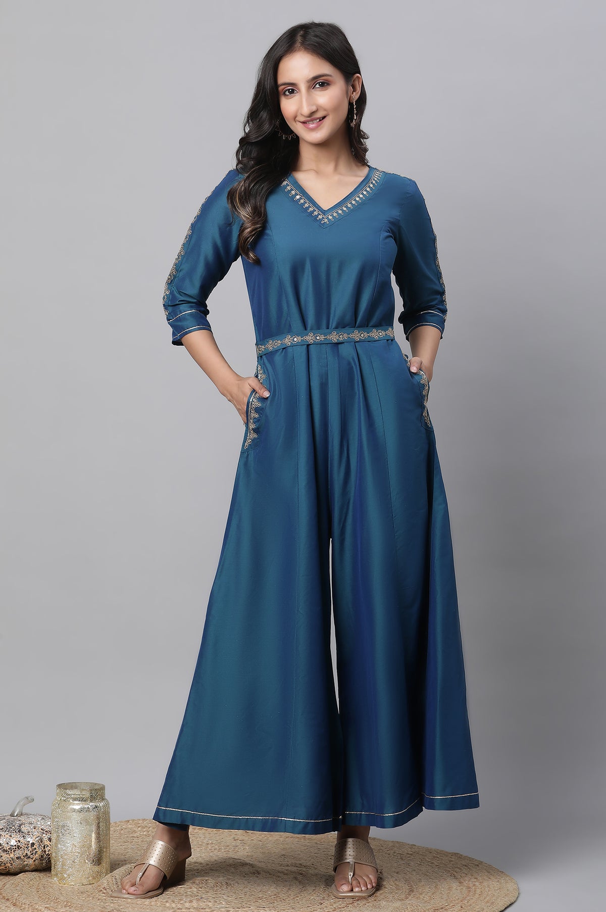 Blue Embroidered Ethnic Jumpsuit with Belt - S