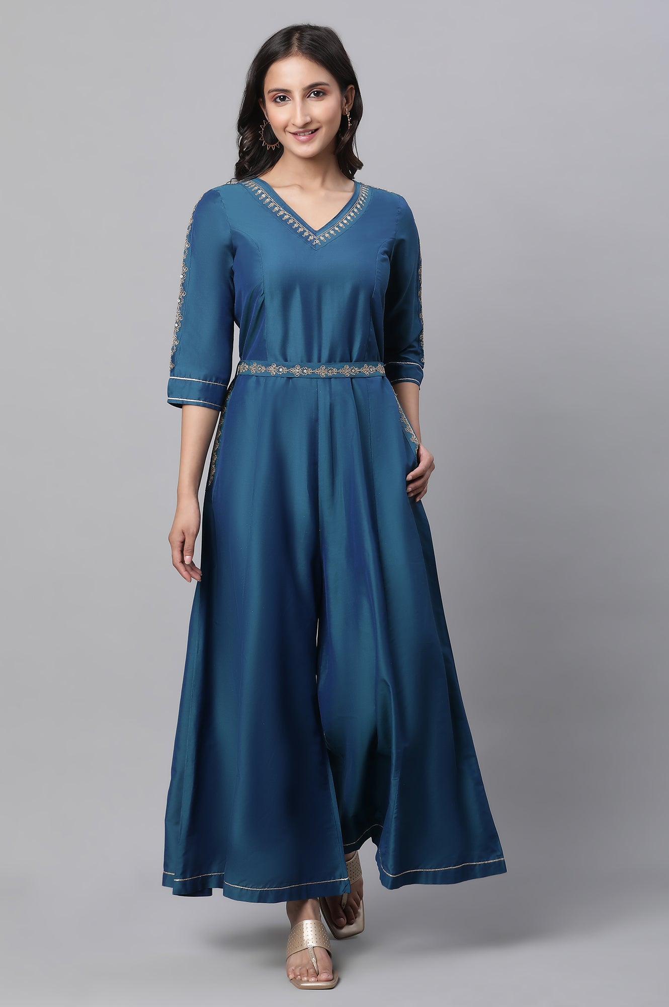 Blue Embroidered Ethnic Jumpsuit with Belt