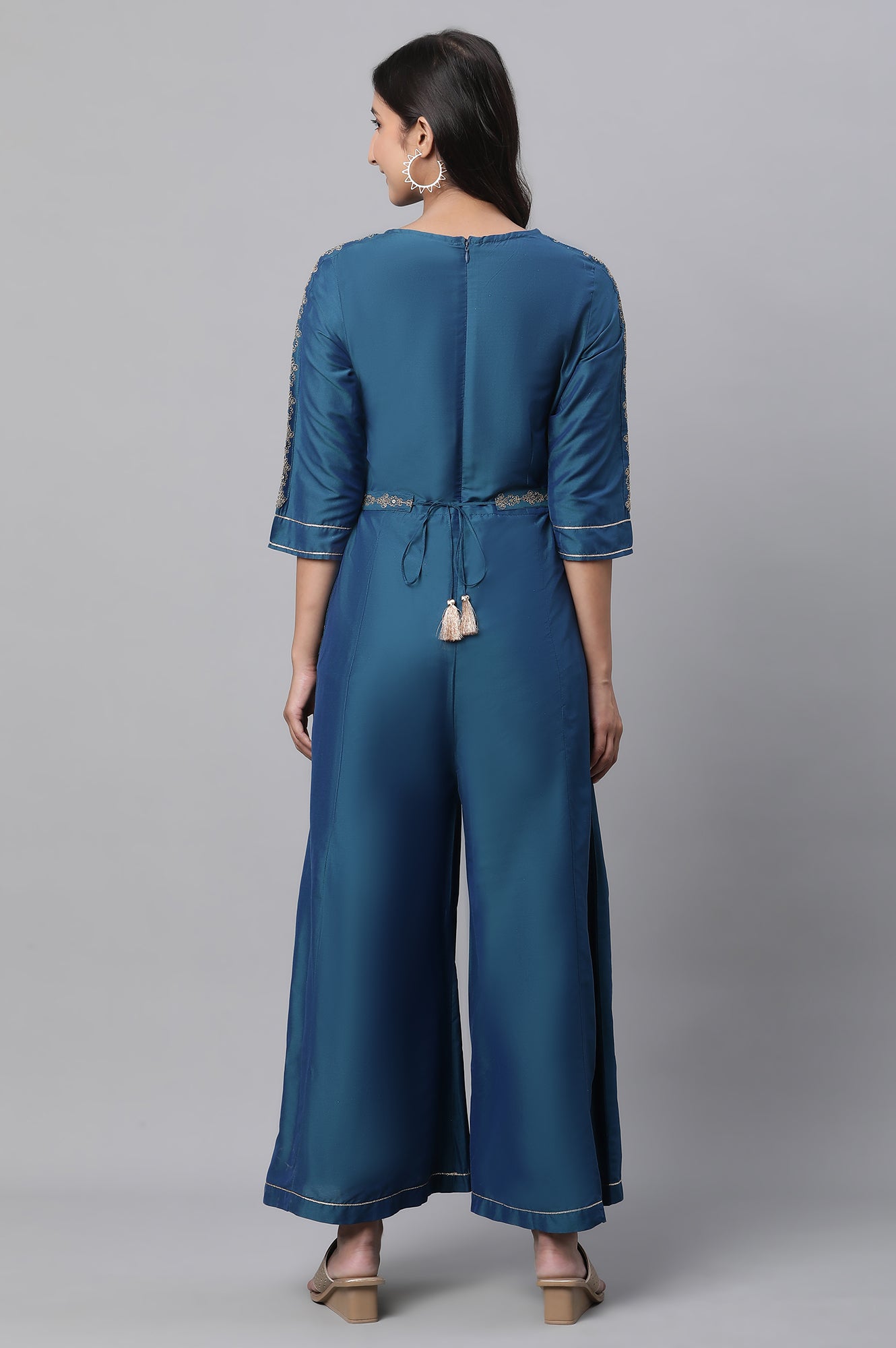 Blue Embroidered Ethnic Jumpsuit with Belt