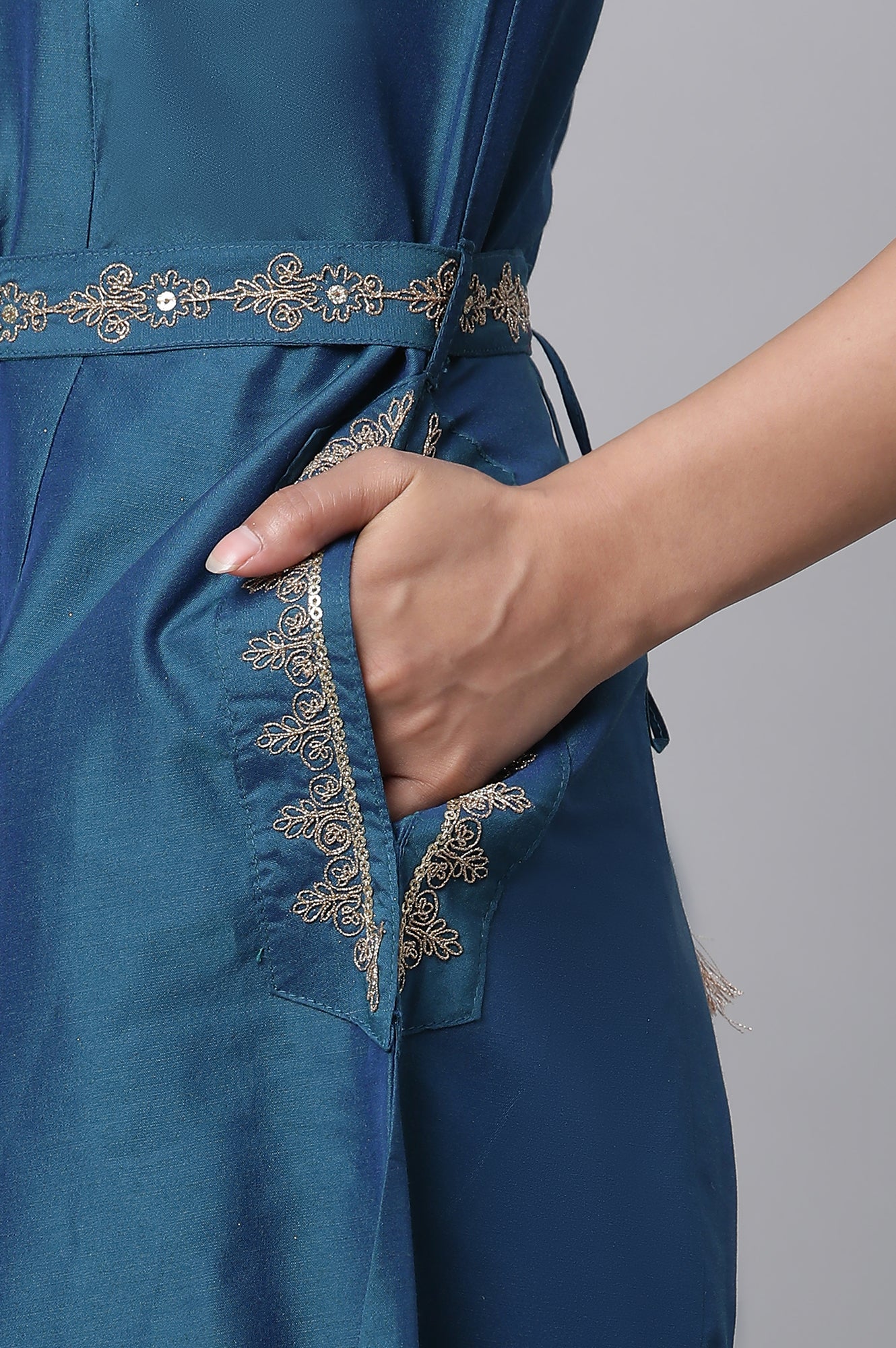 Blue Embroidered Ethnic Jumpsuit with Belt