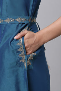Blue Embroidered Ethnic Jumpsuit with Belt