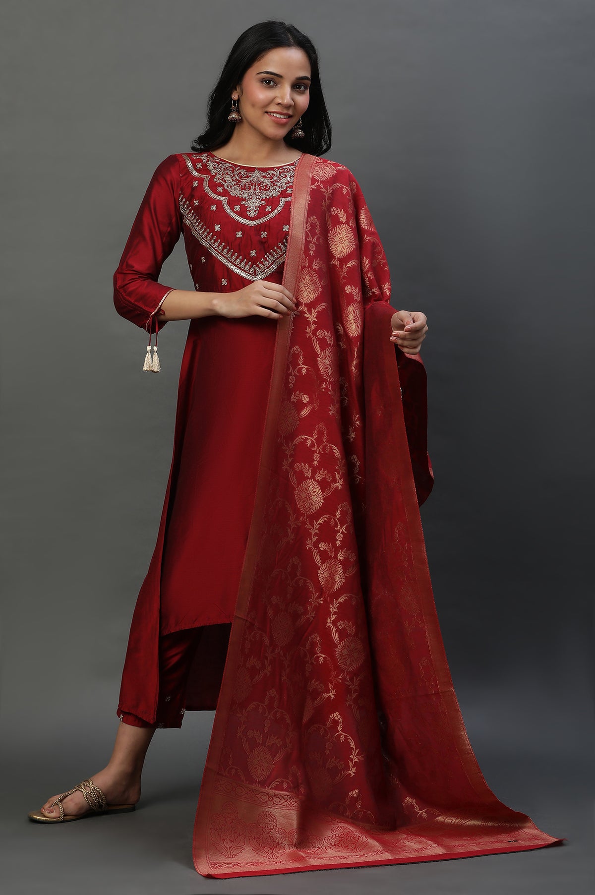 Red Zari Embroidered Kurta, Pants and Jacquard Dupatta - M