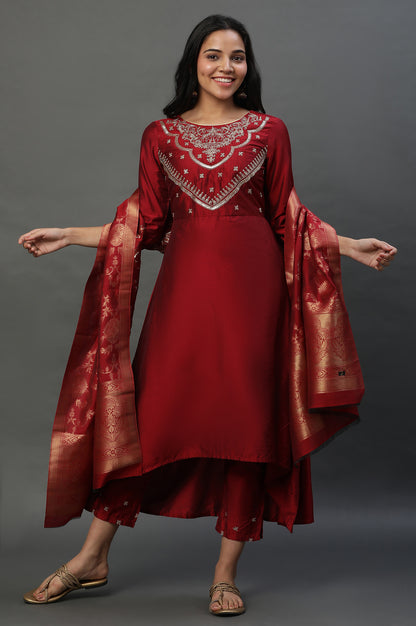 Red Zari Embroidered Kurta, Pants and Jacquard Dupatta