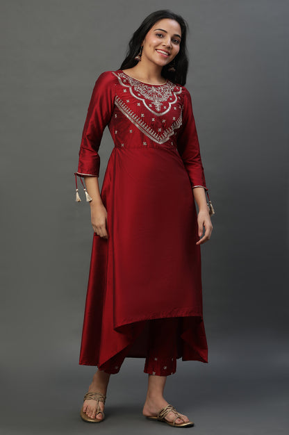 Red Zari Embroidered Kurta, Pants and Jacquard Dupatta