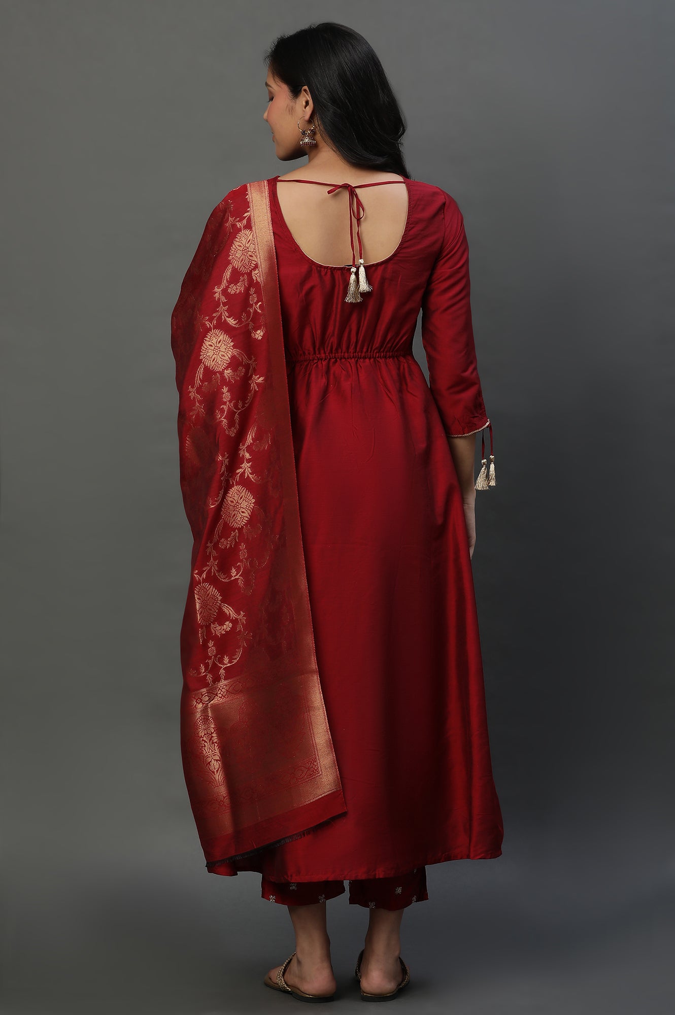 Red Zari Embroidered Kurta, Pants and Jacquard Dupatta