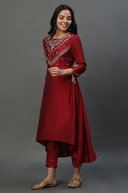 Red Zari Embroidered Kurta, Pants and Jacquard Dupatta