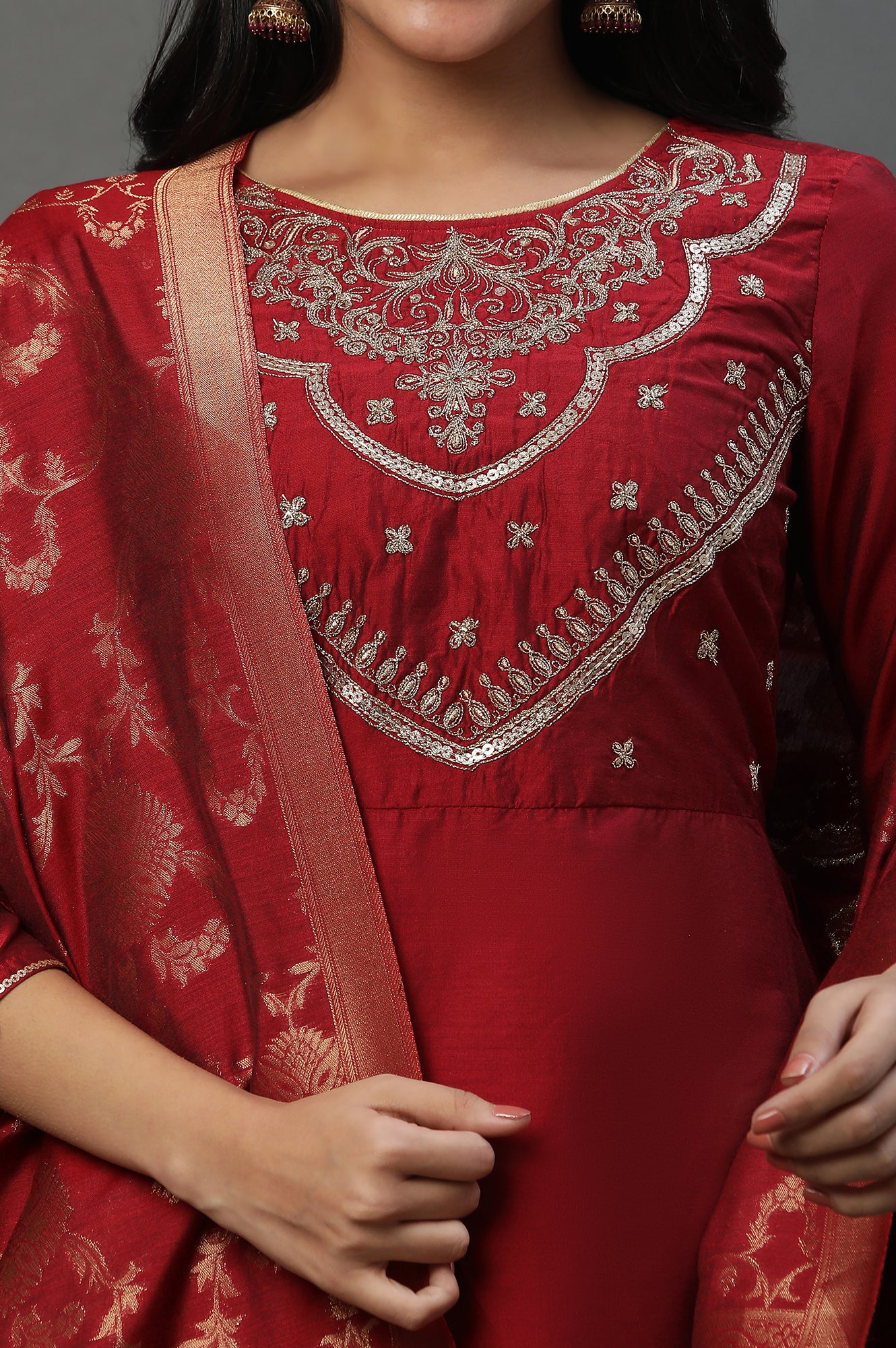 Red Zari Embroidered Kurta, Pants and Jacquard Dupatta