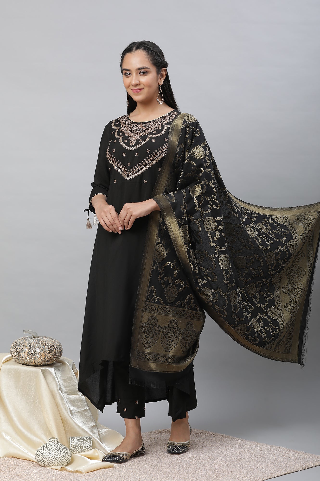 Black Zari Embellished Black Kurta, Pants &amp; Dupatta Set