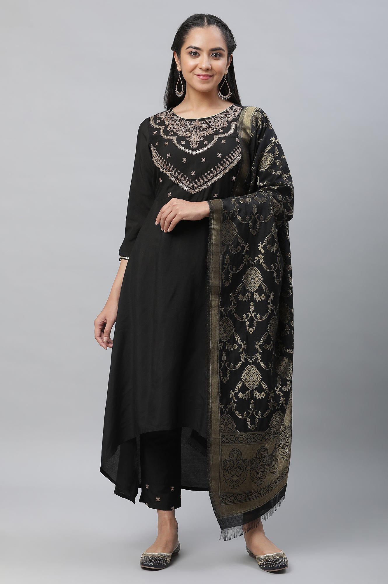 Black Zari Embellished Black Kurta, Pants &amp; Dupatta Set