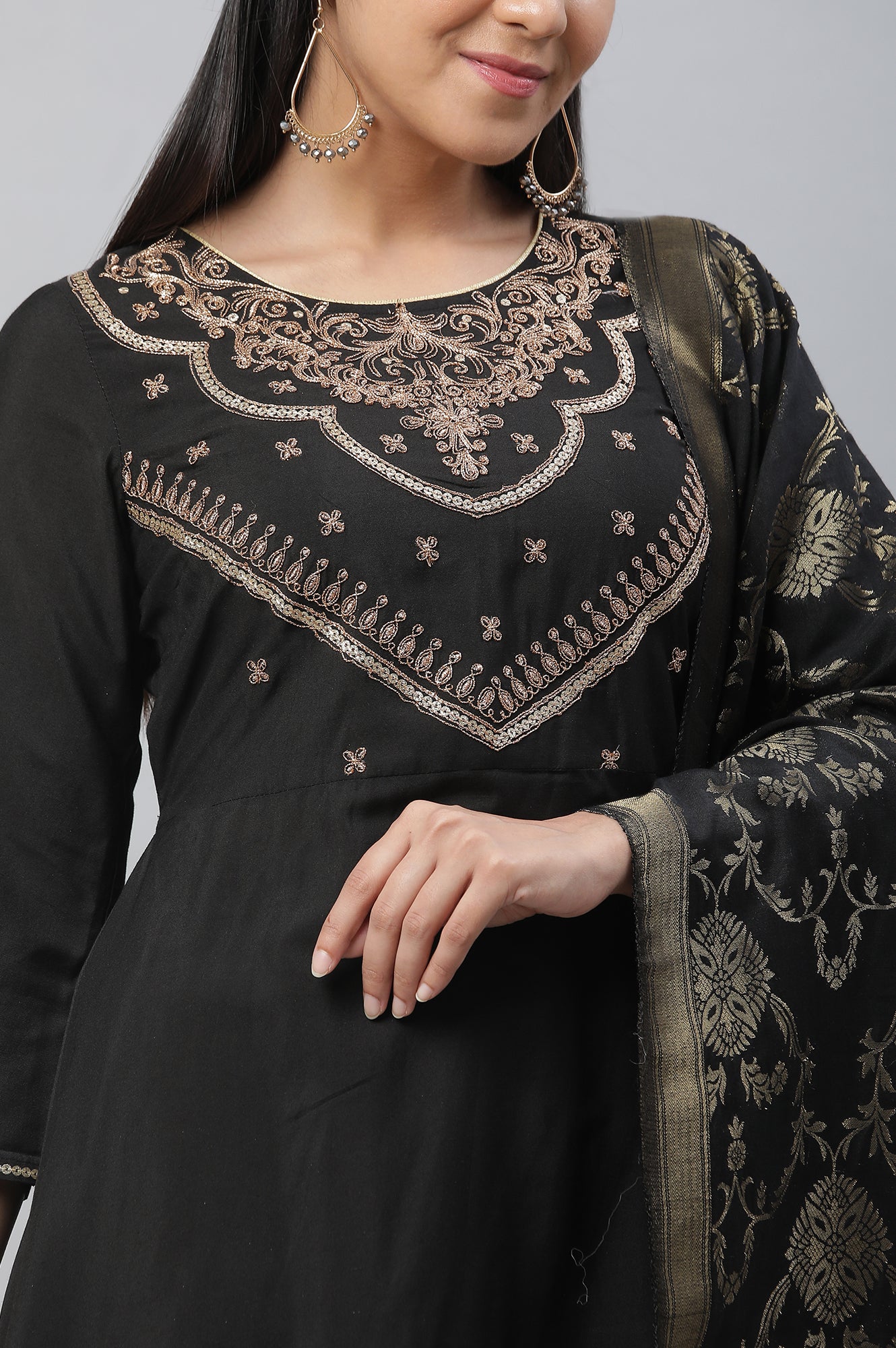 Black Zari Embellished Black Kurta, Pants &amp; Dupatta Set