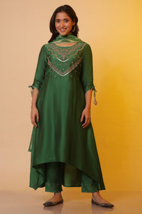 Green Zari Embroidered Festive Kurta, Trousers and Dupatta Set