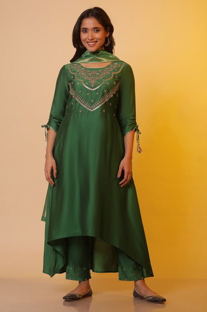 Green Zari Embroidered Festive Kurta, Trousers and Dupatta Set