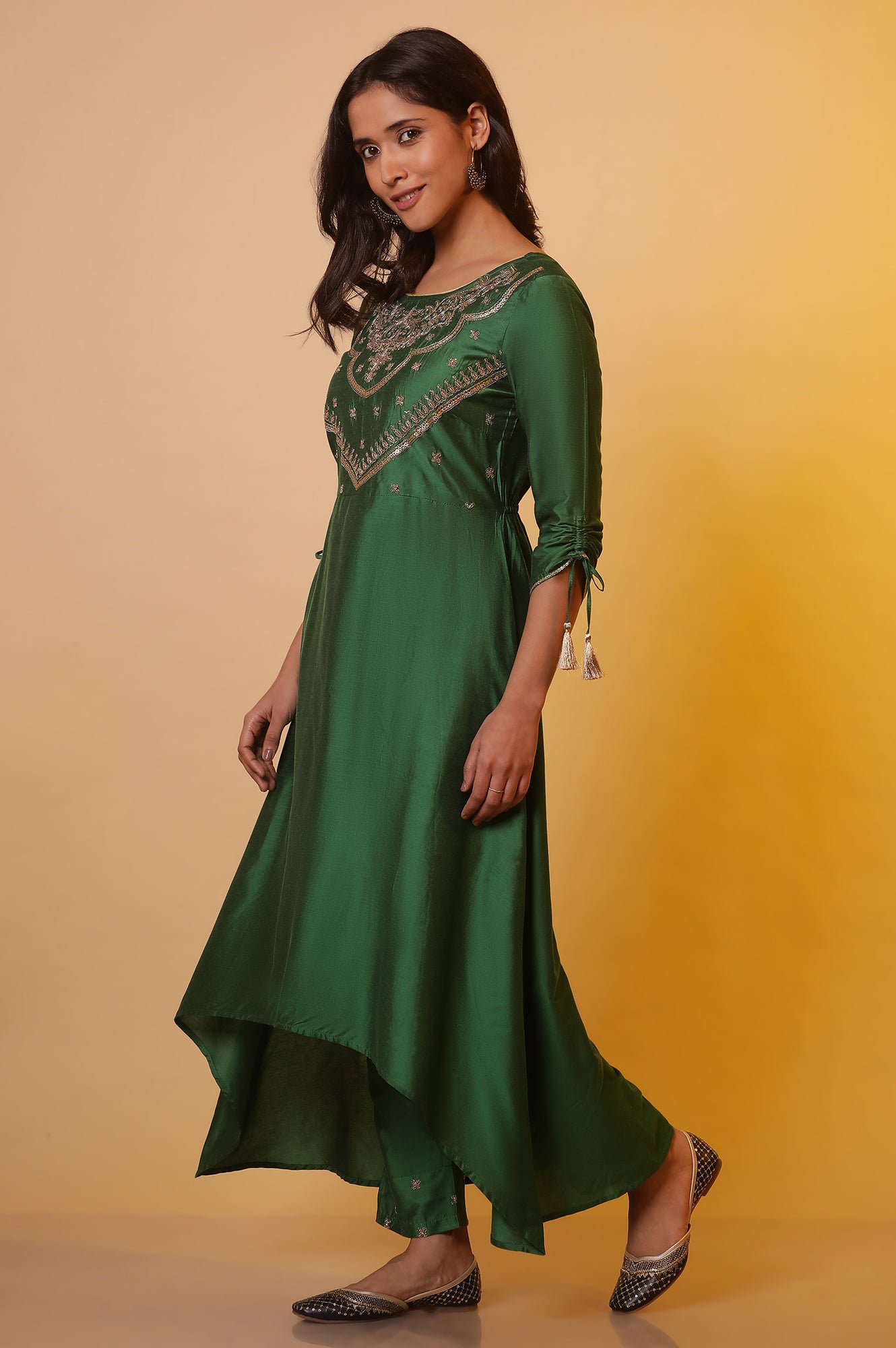 Green Zari Embroidered Festive Kurta, Trousers and Dupatta Set