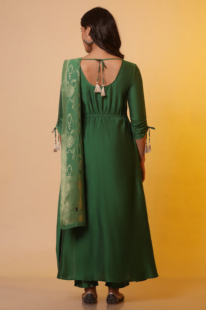 Green Zari Embroidered Festive Kurta, Trousers and Dupatta Set