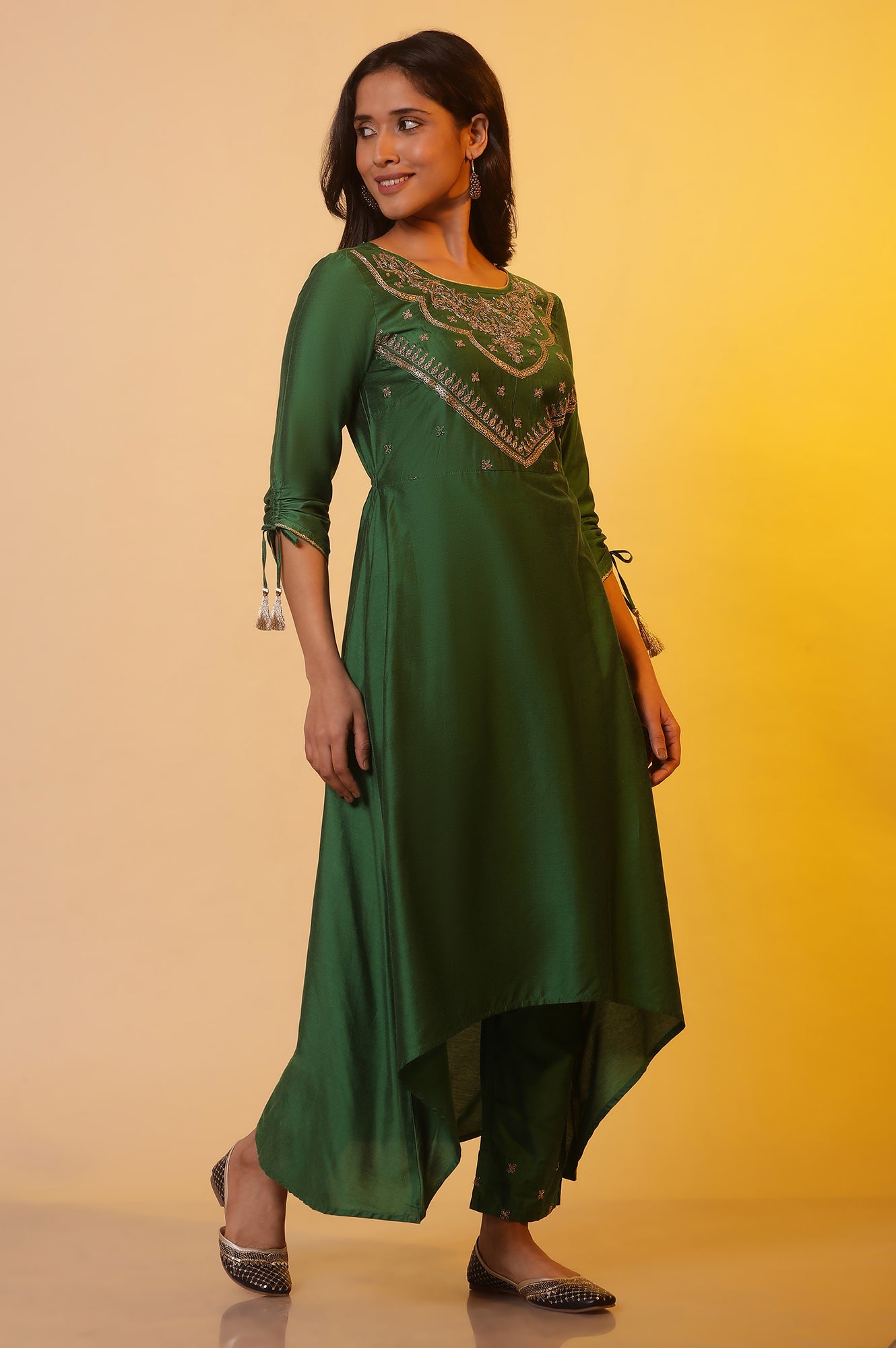 Green Zari Embroidered Festive Kurta, Trousers and Dupatta Set