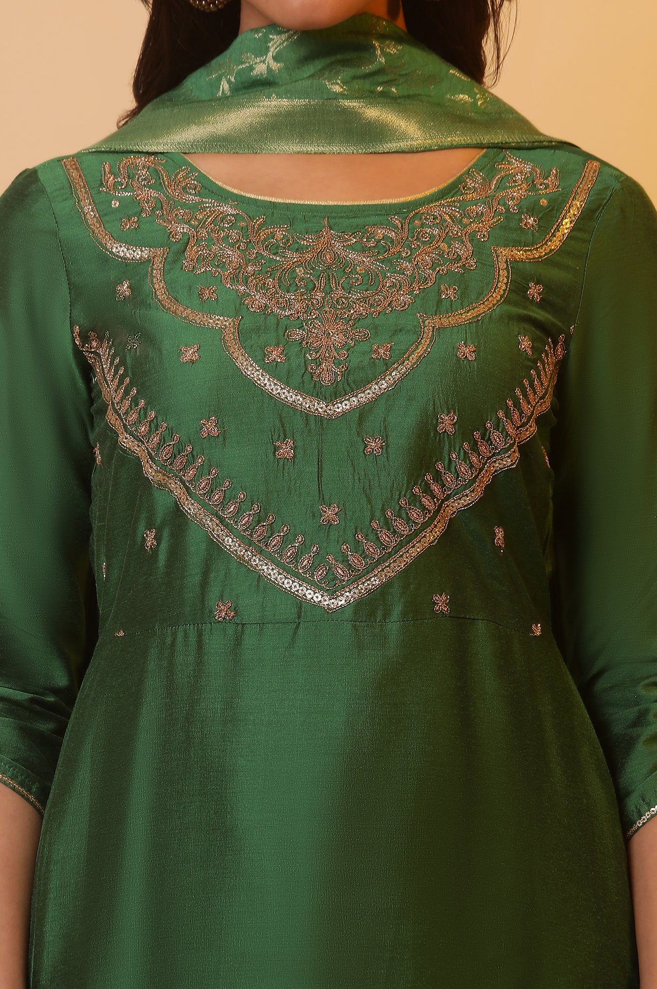 Green Zari Embroidered Festive Kurta, Trousers and Dupatta Set