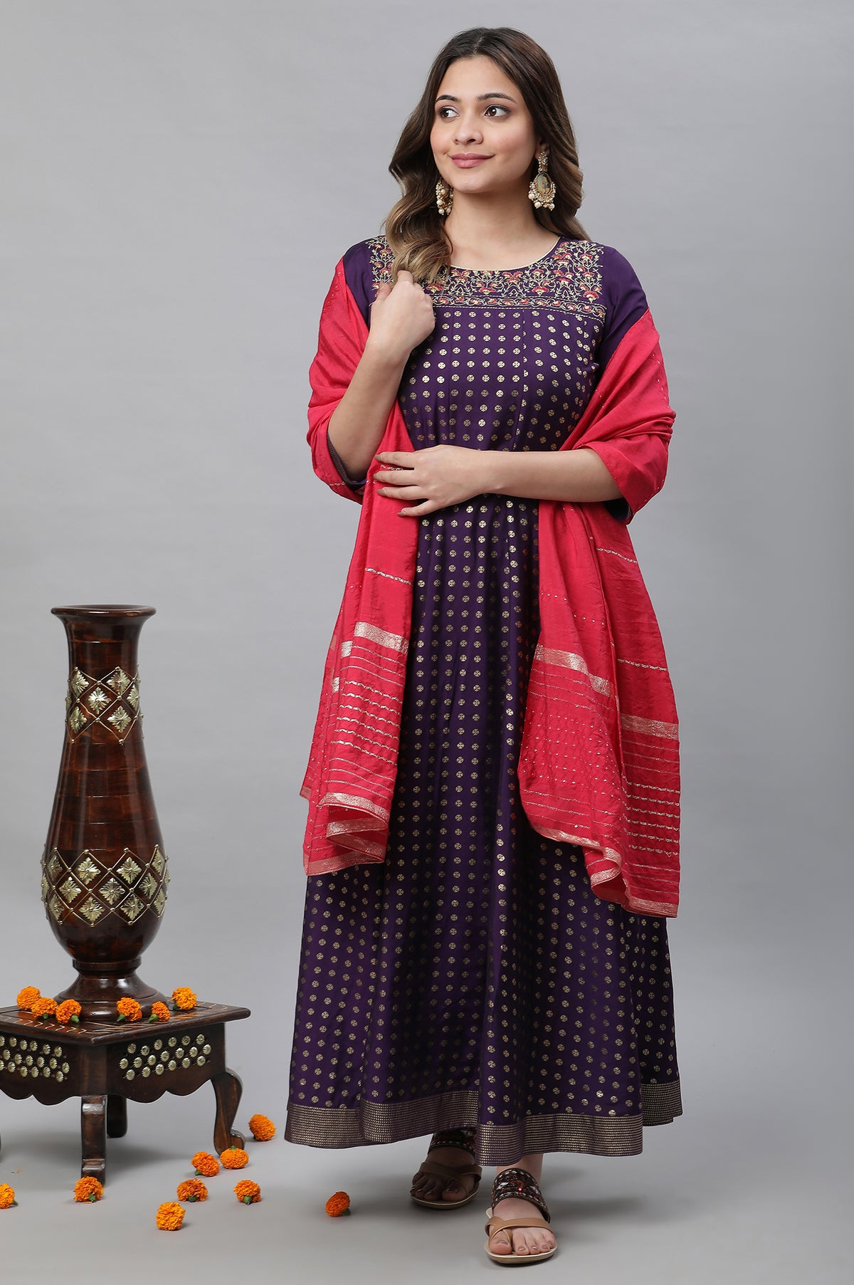 Purple Embellished Long Kurta, Tights and Pink Dupatta Set - S
