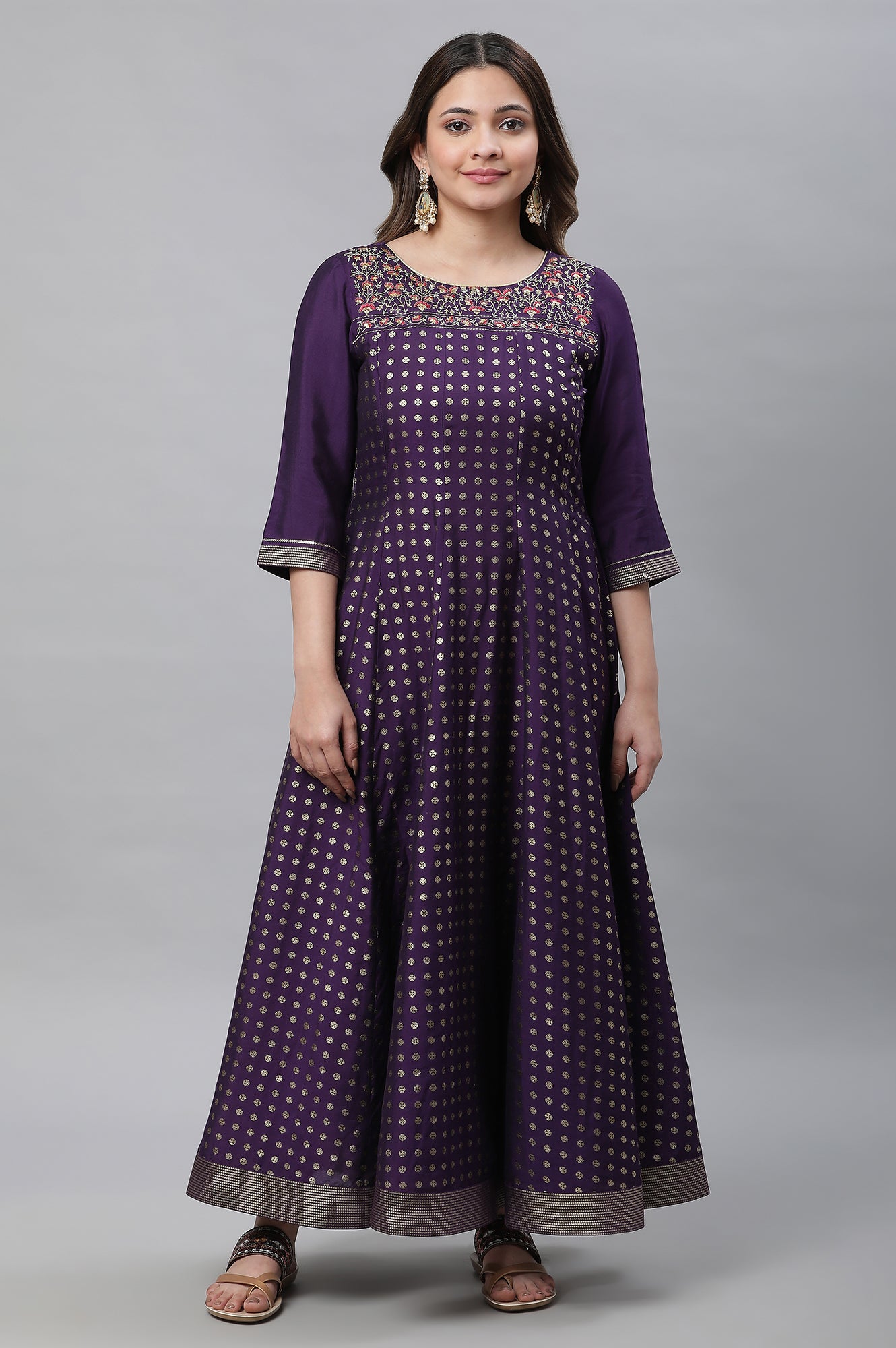 Purple Embellished Long Kurta, Tights and Pink Dupatta Set