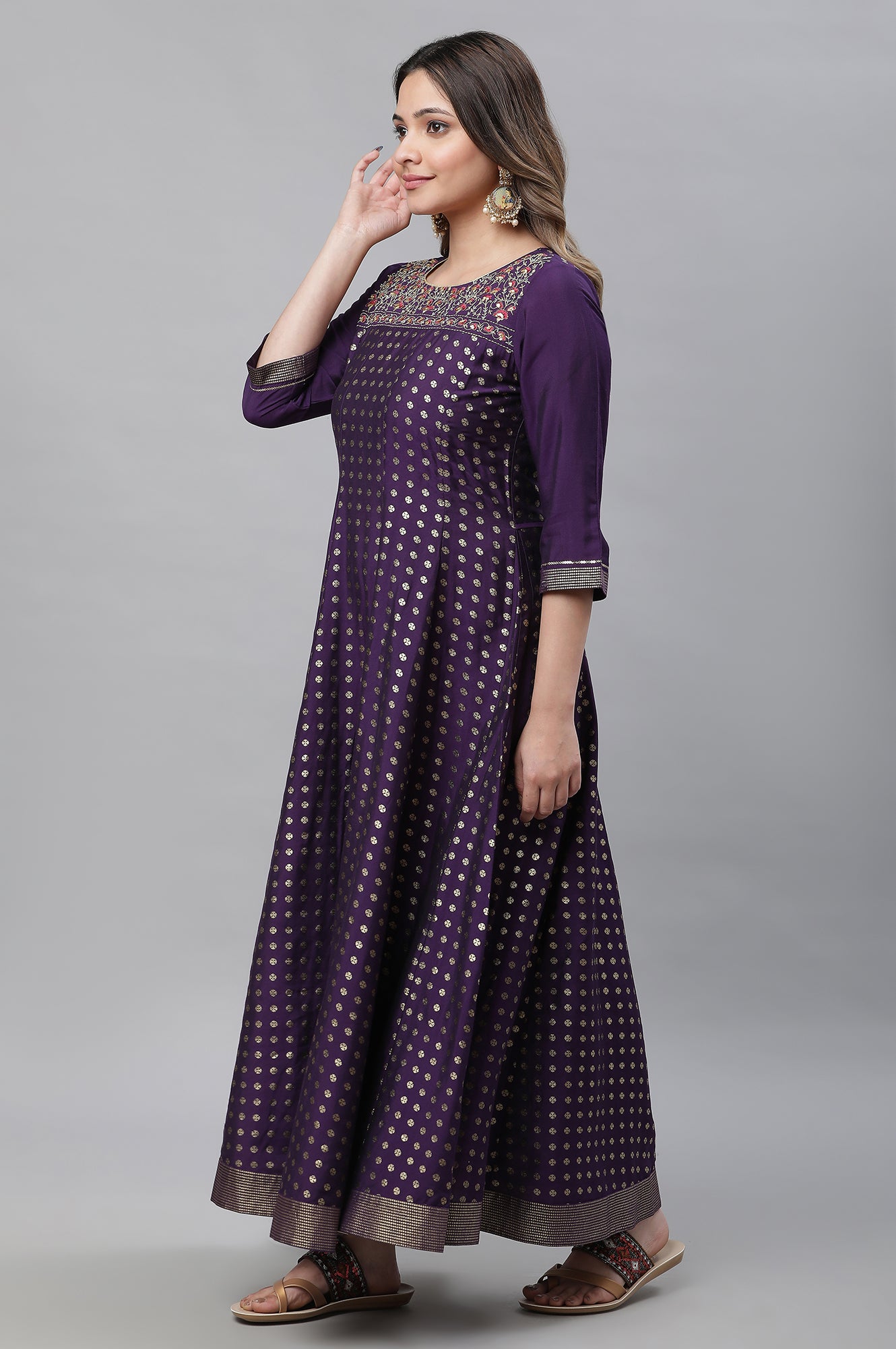 Purple Embellished Long Kurta, Tights and Pink Dupatta Set